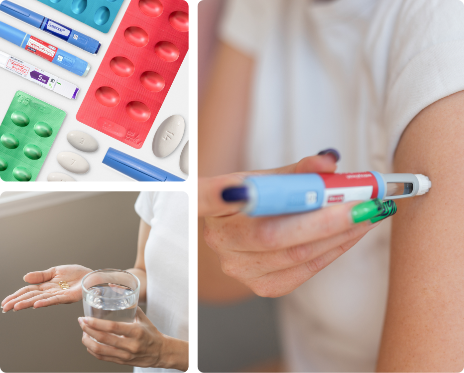 Oral and Injectable GLP-1 medicines, woman using Ozempic, woman taking oral medication